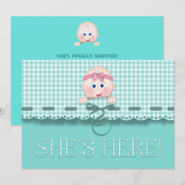 Niña bebé Invitación Está Aquí El Rostro Del Bebé  (Anverso / Reverso)