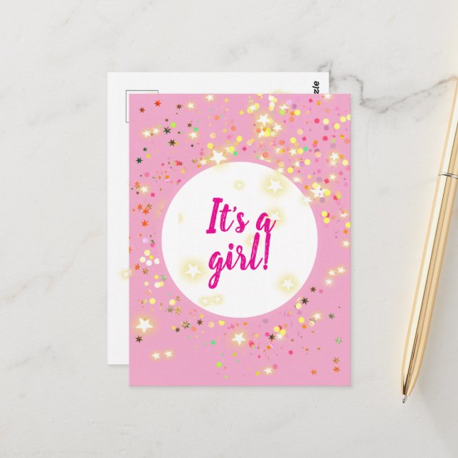 Niña bebé Invitación rosa con estrellas y luces (Anverso/Reverso In Situ)