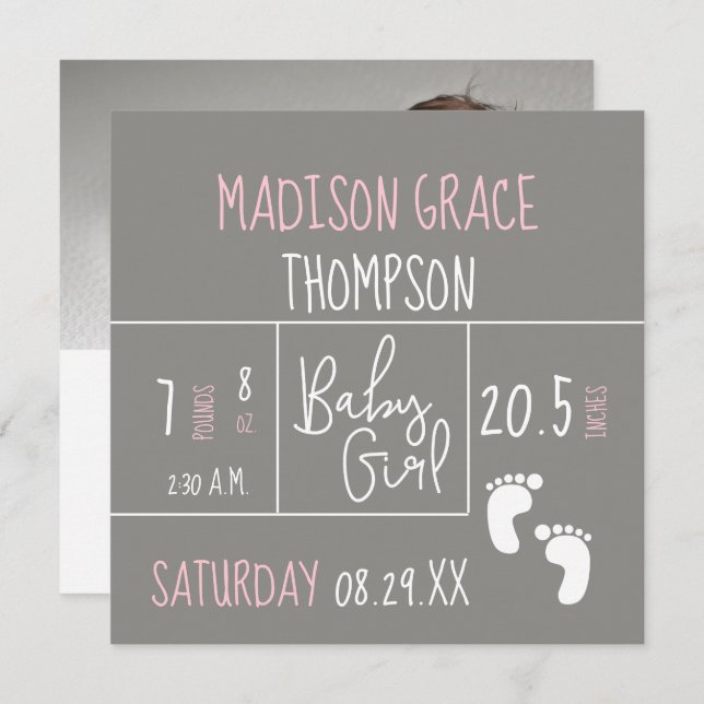 Niña bebé moderna Anuncio de nacimiento Foto Rosa (Anverso / Reverso)