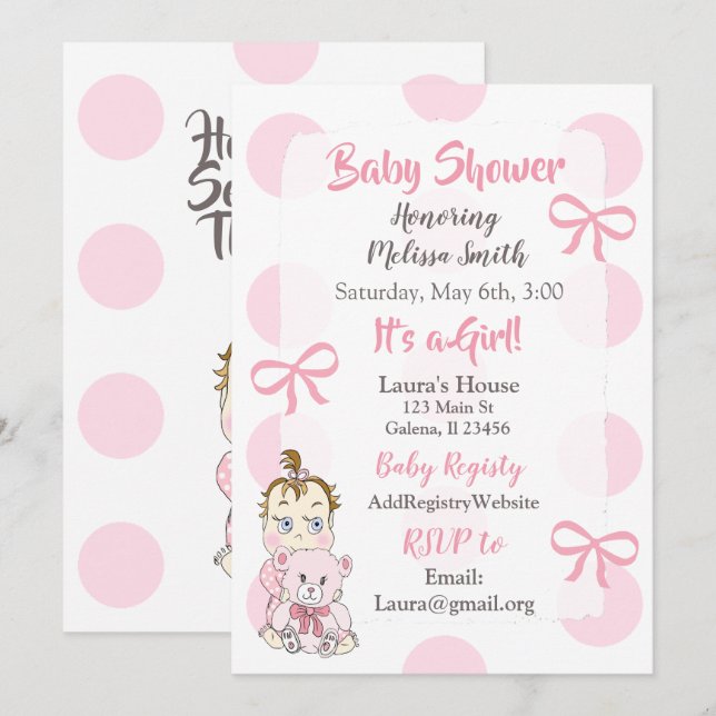 Niña bebé rosa con invitación a ducha de osito de  (Anverso / Reverso)