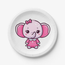 Niña Bonita Elefante Rosa Bebé Plato de Papel