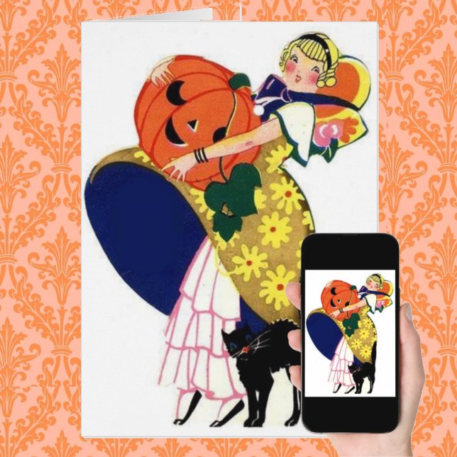 Niña cargando calabaza con gato negro (Subido por el creador)