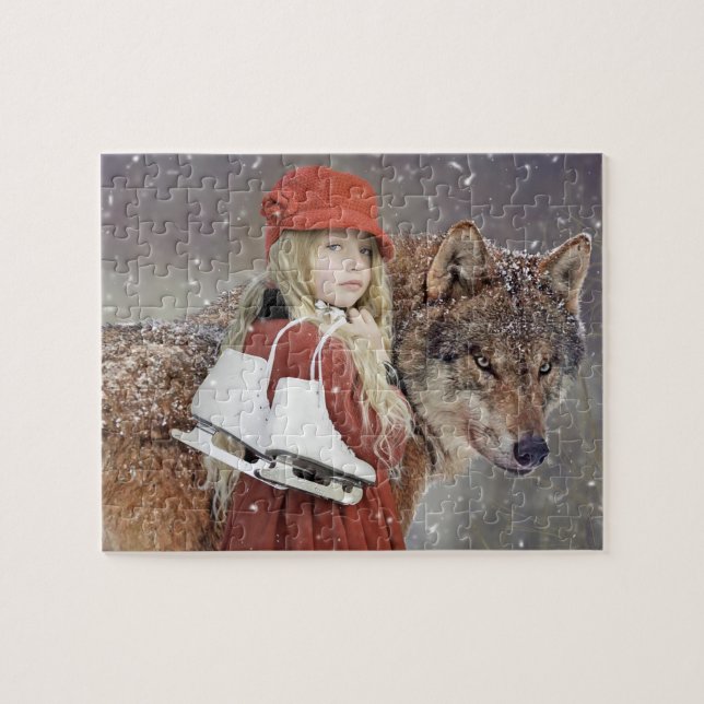 Niña con lobo y patines Rompecabezas de invierno (Horizontal)