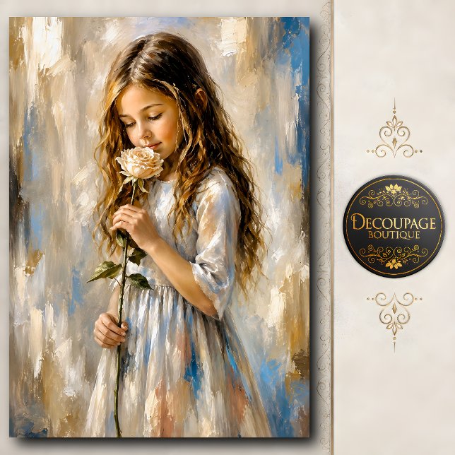 Niña con papel de seda de rosa blanca (Little Girl with White Rose Tissue Paper)