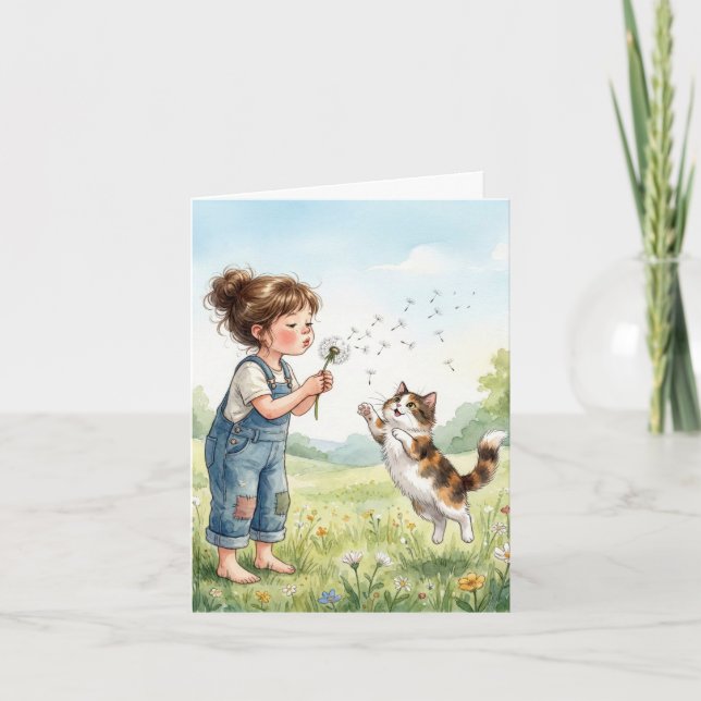 Niña de tarjeta de nota soplando semillas de dient (Anverso)