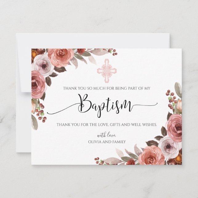 Niña en aquarela floral rosa Agradecimiento Bautiz (Anverso)