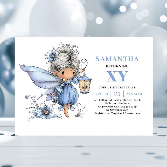 Niña Hada Azul Alegre Invitación de Cumpleaños 4 P (Joyful Blue Fairy Girl 4th Birthday Pastel invitation)