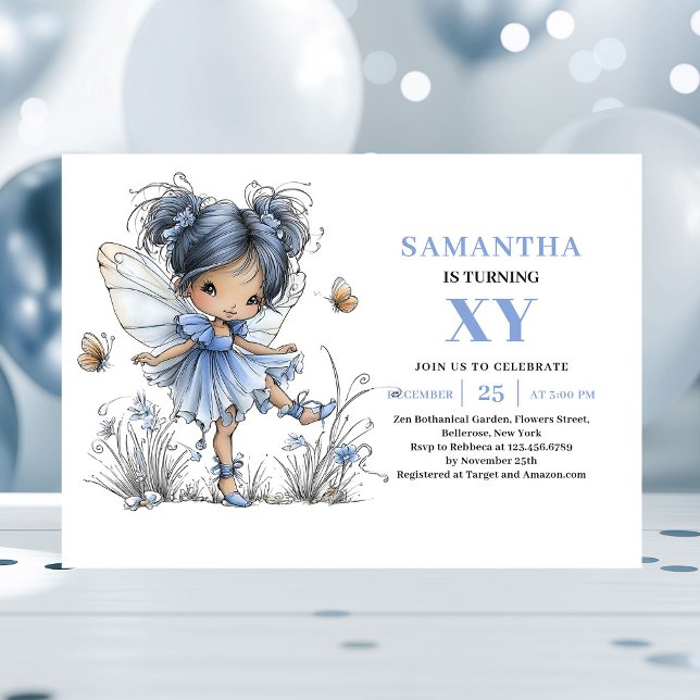Niña Hada Azul Caprichosa Invitación de cumpleaños (Whimsy Blue Fairy Girl 4th Birthday Pastel invitation)