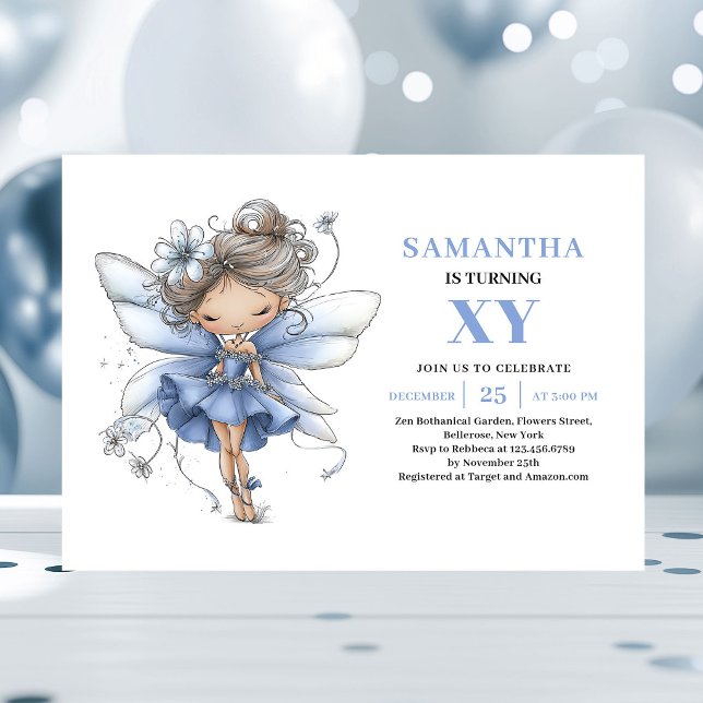 Niña Hada Azul Caprichosa Invitación de cumpleaños (Whimsy Blue Fairy Girl 3rd Birthday Pastel invitation)