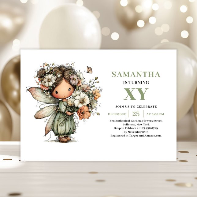 Niña Hada Caprichosa Invitación Polvo Verde para s (Whimsy Fairy Girl 4th Birthday Dusty Green Invitation)