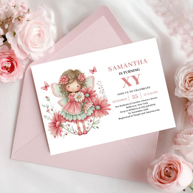 Niña Hada Encantadora Invitación Cumpleaños 2º Flo (Cute Fairy Girl 2nd Birthday Pink Flowers Invitation)