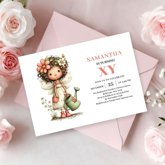 Niña Hada Mágica Invitación de Cumpleaños 3º Flora (Magical Fairy Girl 3rd Birthday Pink Floral invitation)