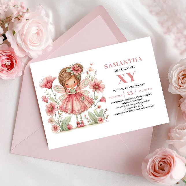 Niña Hada Mágica Invitación Floral Rosa Cumpleaños (Magical Fairy Girl 3rd Birthday Pink Floral Invitation)