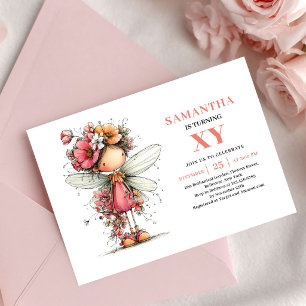 Niña Hada Radiante Invitación Floral Rosa Cumpleañ