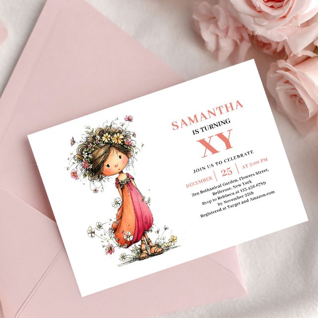 Niña Hada Suave Invitación de cumpleaños número 9  (Soft Fairy Girl 9th Birthday Floral Pink invitation)