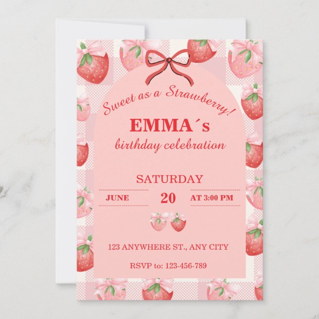 Niña Invitación Cumpleaños | Dulce como una Fresa (Anverso)