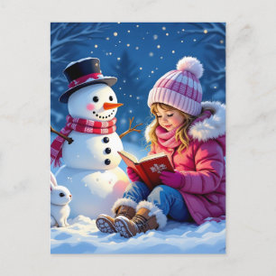 Niña leyendo una historia a un Navidad de nieve