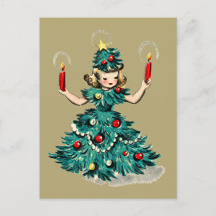 Niña linda del árbol de Navidad retro vintage