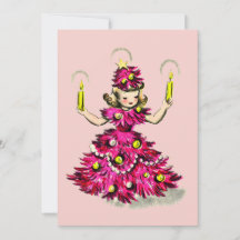 Niña linda del árbol de Navidad rosa vintage retro