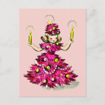 Niña linda del árbol de Navidad rosa vintage retro