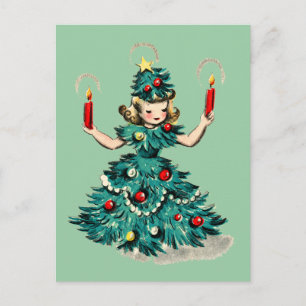 Niña linda del árbol de Navidad vintage retro