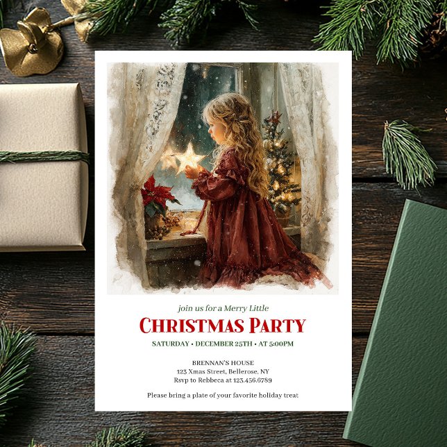 Niña linda espera la invitación de Navidad imprimi (Cute girl awaits Santa printable Christmas invitation)