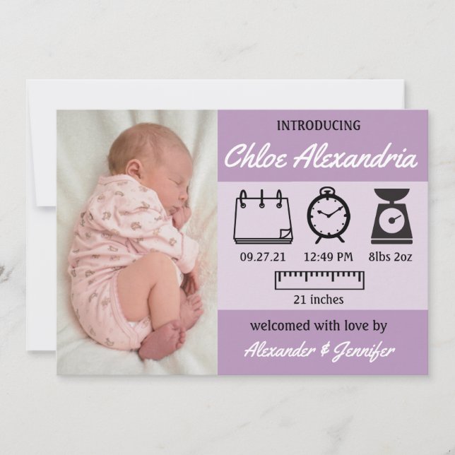 Niña Nacimiento Estadísticas Invitación Púrpura (Anverso)