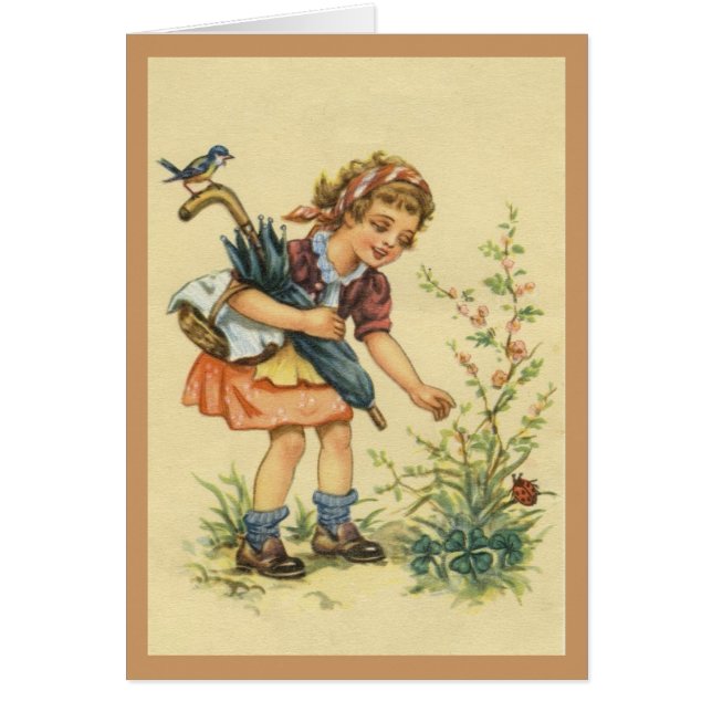 Niña, pájaro y mariquita y tarjeta de la ocasión (Frente)