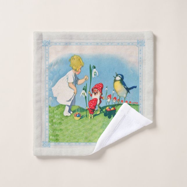 Niña pequeña con elfos Carrito de flores de huevos (Toallita)