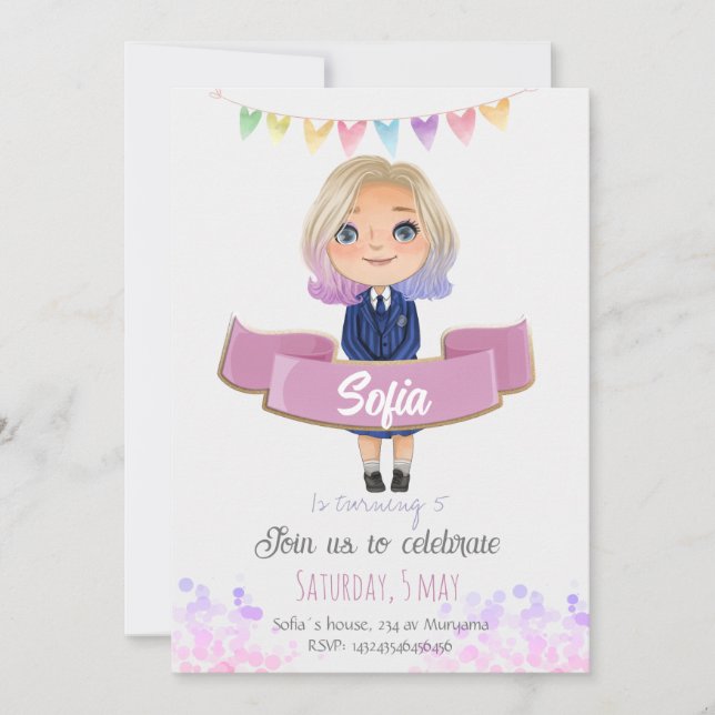 Niña pequeña con invitación de vestidos azules (Anverso)