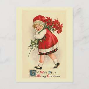 "Niña pequeña con poinsettias" postal antigua