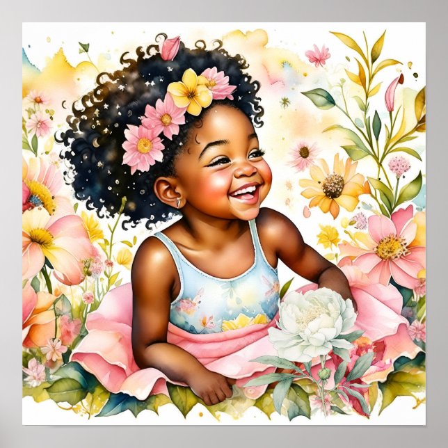 Niña pequeña en flores rosas acuarela arte (Frente)