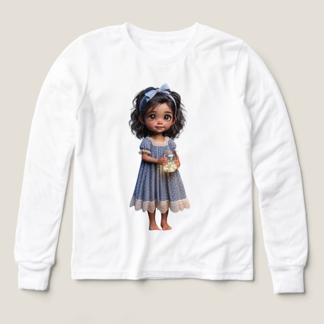 Niña pequeña en un camisón azul con luciérnagas (Diseño frontal)