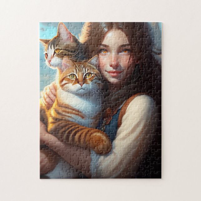 NIÑA PEQUEÑA Y GATOS ARTE GATO JIGSAW PUZZLE (Vertical)