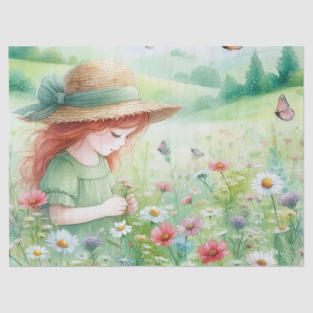 Niña recogiendo flores en el jardín Papel de seda (Anverso)