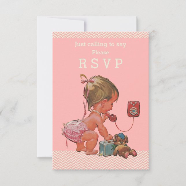 Niña Retro Bebé por teléfono Baby Shower RSVP (Anverso)