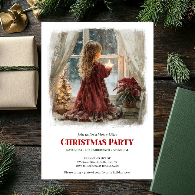 Niña soñadora espera a Santa invitación de vacacio (Dreamy girl awaits Santa printable holiday invitation)