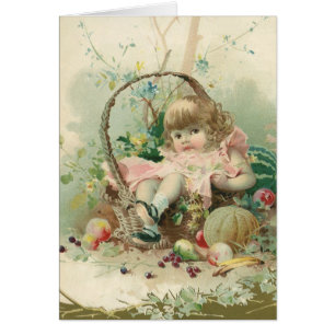 Niña Victoriana Vintage, Cesta de Frutas de Primav