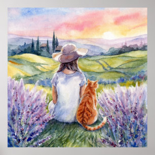 Niña y gato ginger mirando el amanecer Arte acuare