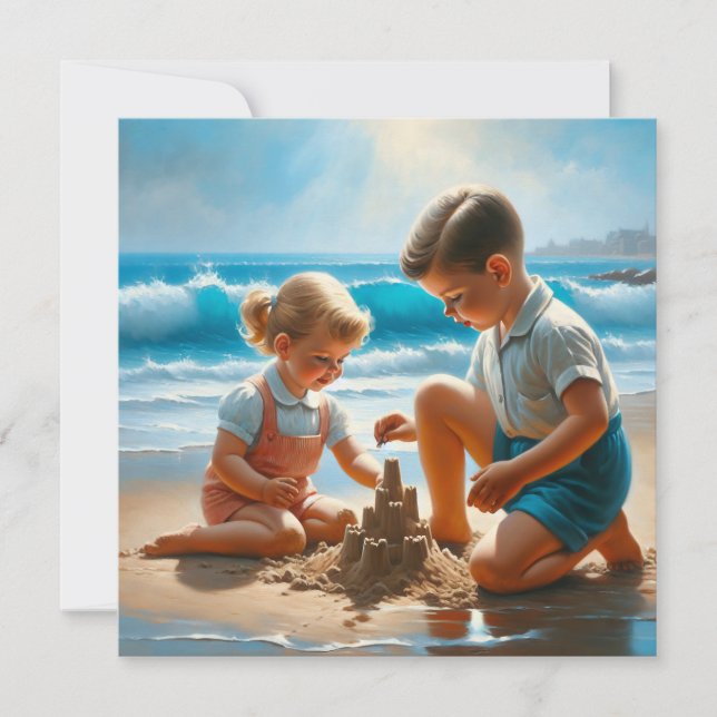 Niña y niño construyendo un castillo de arena (Anverso)