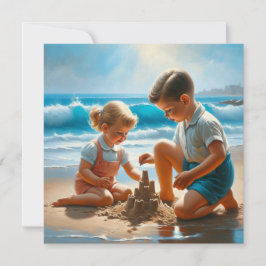 Niña y niño construyendo un castillo de arena