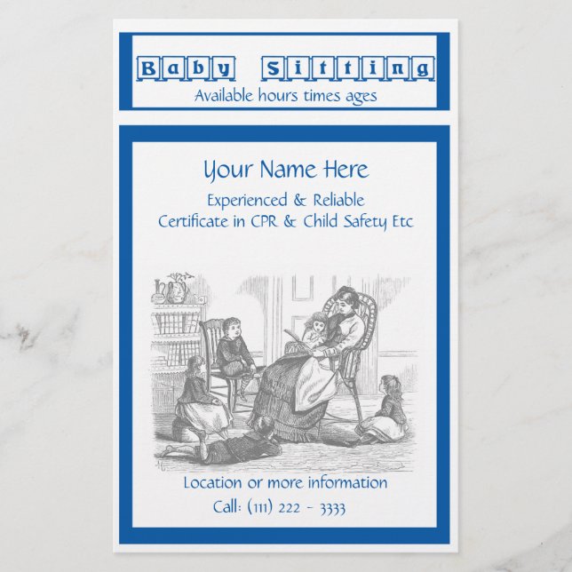 Niñera y folleto sobre la atención a la infancia (Frente)