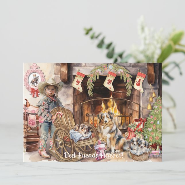 Niñita con su tarjeta de vacaciones BFFurever (Anverso de pie)