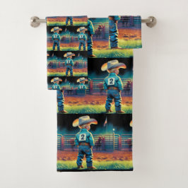 Niñito en Rodeo cerca caballos de la bandera estad