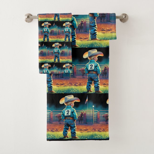 Niñito en Rodeo cerca caballos de la bandera estad (In situ)