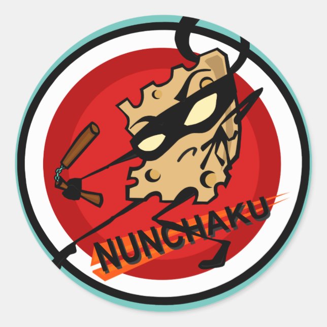 NINJA CHEESE CON NUNCHUCKS ROUND PEGATINAS (Anverso)