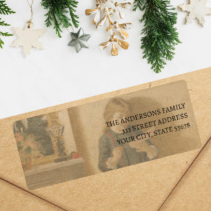 Niño Antiguo con Etiqueta de Saludo de Navidad