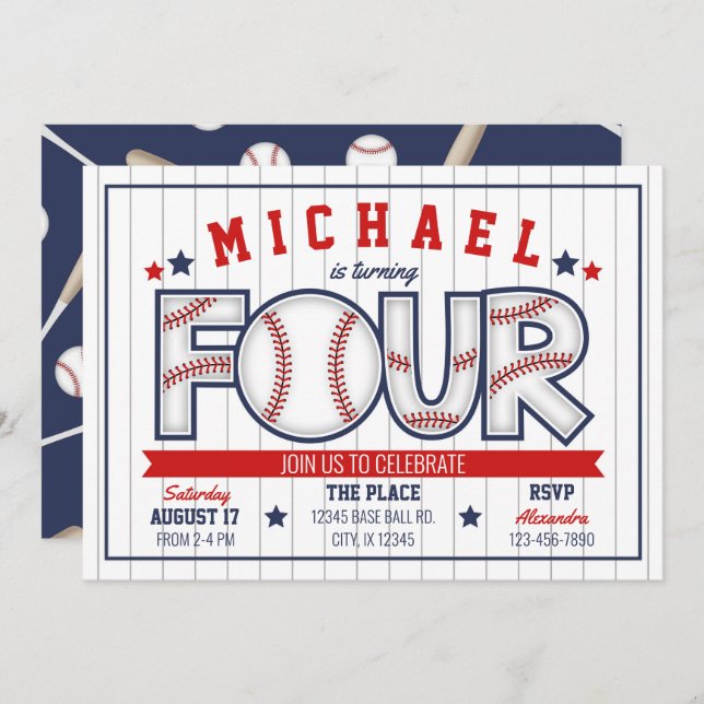 Niño Béisbol 4 Invitación de cumpleaños (Anverso / Reverso)