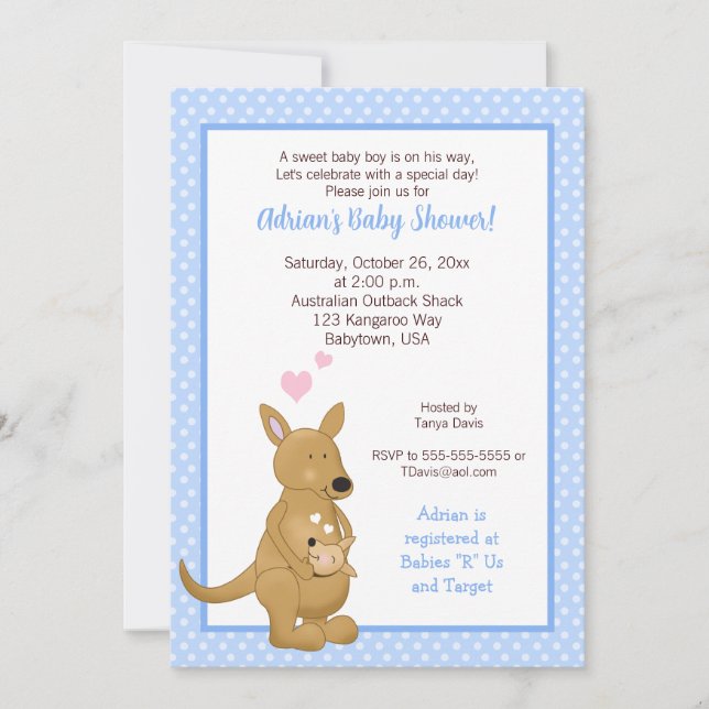 Niño canguro Baby Shower Invitación azul (Anverso)