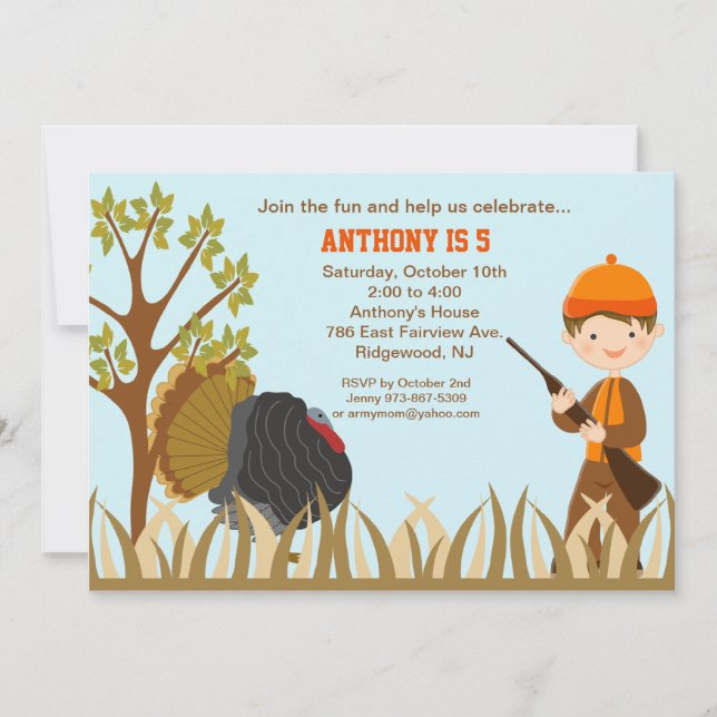 Niño Cazando A Turquía En Invitación De Cumpleaños (Anverso)